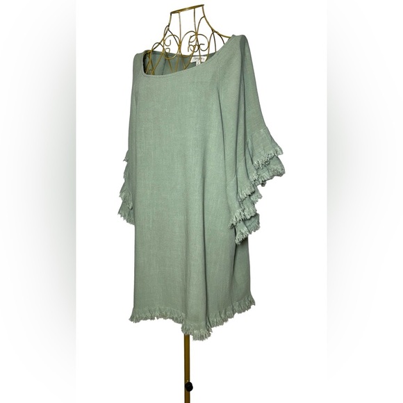 Umgee Tops - Umgee Boho Linen Blend Long Green Tunic Top w/ Fringed & Tiered Elbow Sleeves XL